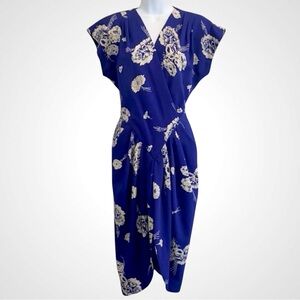 1980s Royal Blue Floral Paisley April Rain Tulip Hem Vintage Faux Wrap Dress 🔥